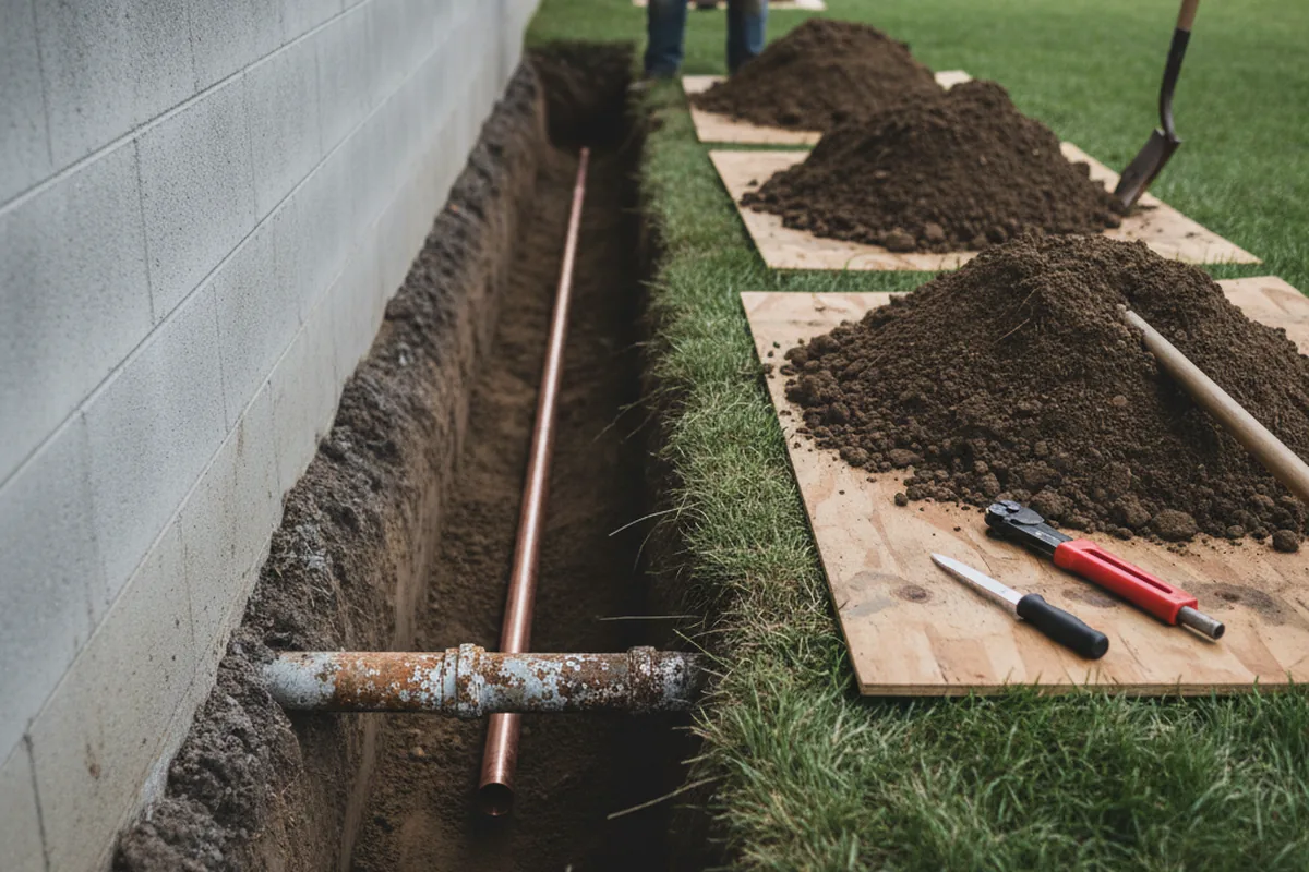 Excavated water line trench during Water Heater Repair in East Killingly